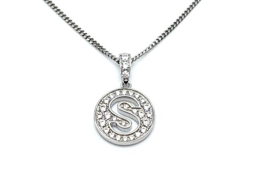 Silver Pave CZ Initial S Disc Pendant & Chain