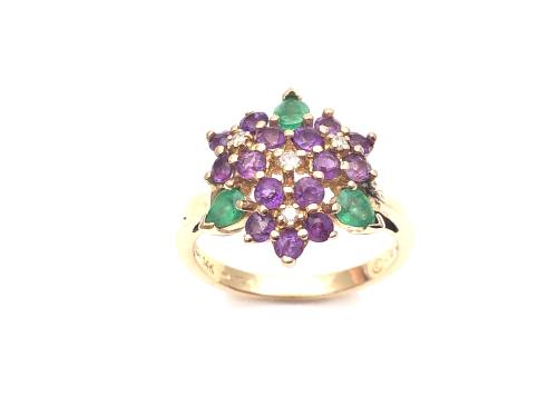 14ct Amethyst Emerald & Diamond Ring