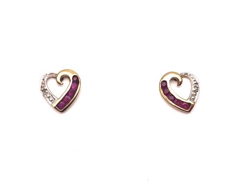 9ct Ruby & Diamond Heart Studs