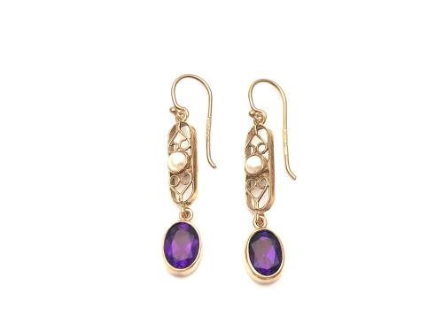 9ct Pearl and Amethyst Drop Earrings