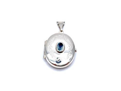 Silver Oval Patterned Blue Topaz Locket