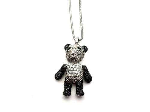 Silver Black & Clear CZ Panda Pendant & Chain