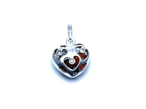 Silver Amber & CZ Heart Pendant