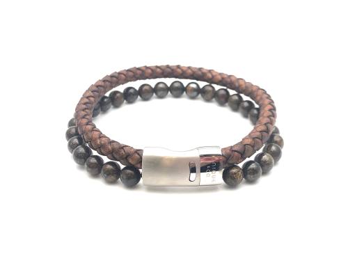 Brown Leather &  Bead Bracelet Magnetic Clasp