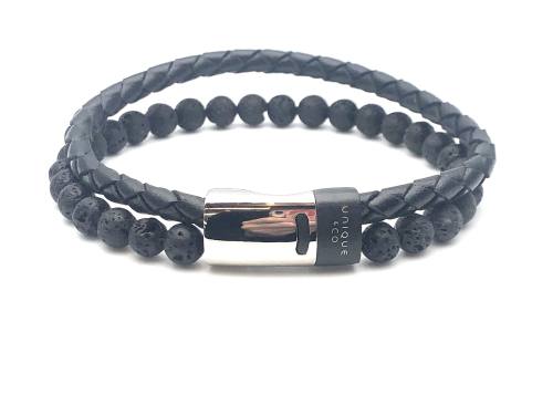 Black Leather & Lava Bead Bracelet Magnetic Clasp