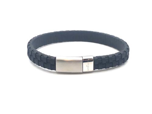 Black Leather Matte Polished Steel Flat Bracelet