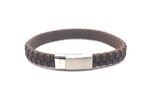 Brown Leather Matte Polished Steel Flat Bracelet