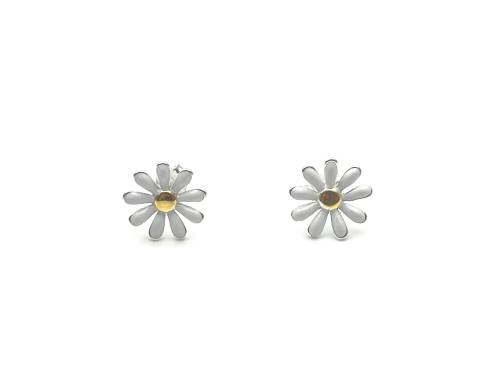 Silver White Enamel Flower Stud Earrings