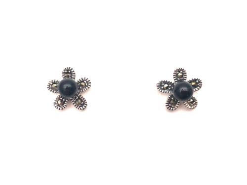 Silver Marcasite Onyx Flower Studs Earrings 10mm