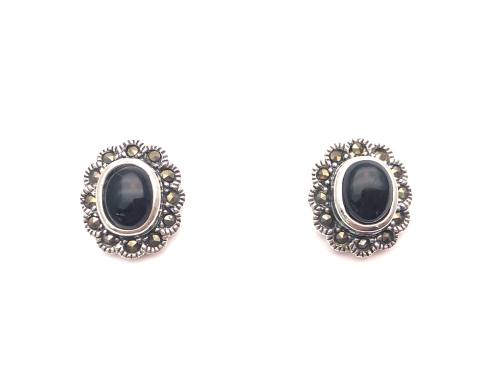 Silver Marcasite Onyx Stud Earrings 12x10mm