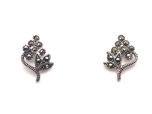 Silver Marcasite Leaf Stud Earrings 19x9mm