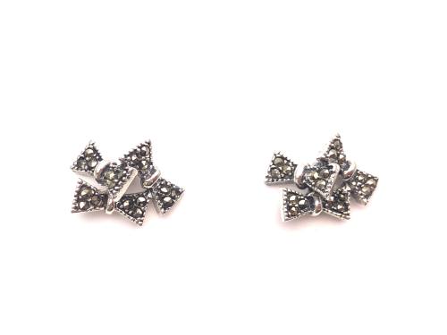 Silver Marcasite Triple Bow Stud Earrings 13mm