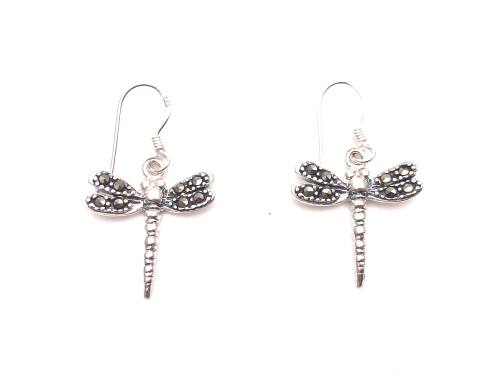 Silver Marcasite Dragonfly Drop Stud Earrings