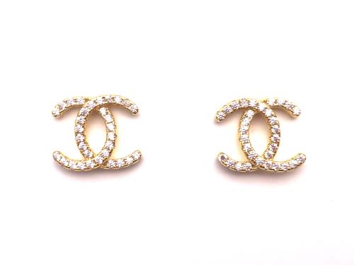 Silver Gold Plated Cz Cc Stud Earrings 13X11Mm