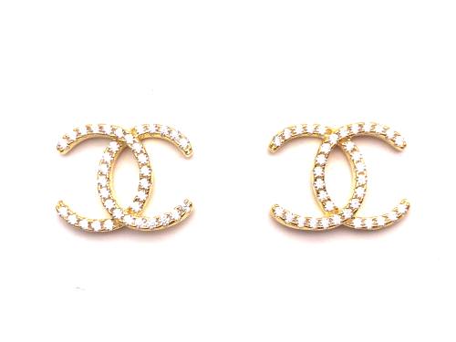 Silver Gold Plated Cz Cc Stud Earrings 15X12Mm