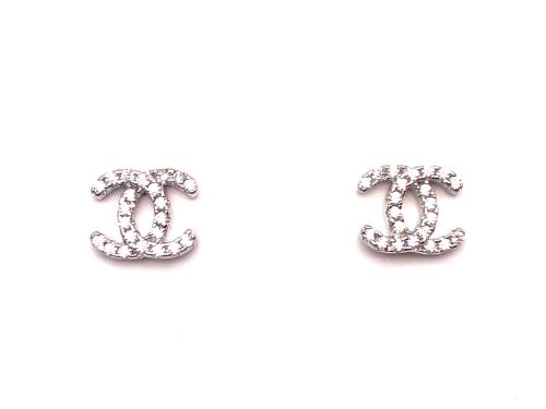 Silver Cz Cc Stud Earrings 9Mm