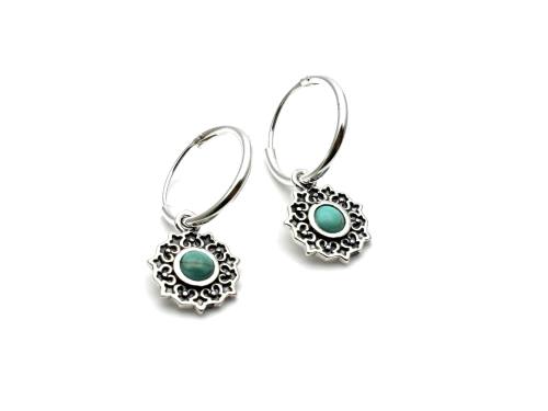 Silver Reconstituted Turquoise Charm Hoop Earrings