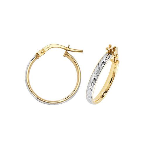 9ct Gold 2 Colour Diamond Cut Hoop Earrings