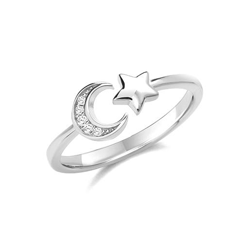 Silver CZ Moon & Star Ring Size R