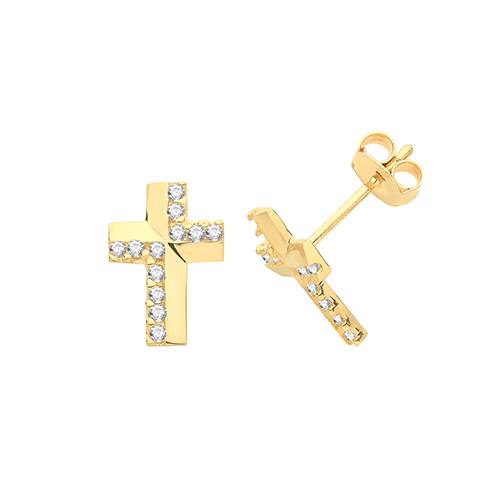 9ct Yellow Gold CZ Cross Stud Earrings