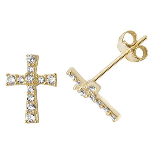 9ct Yellow Gold CZ Cross Stud Earrings