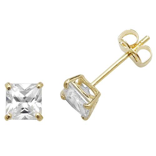 9ct Yellow Gold Princess Cut CZ Stud Earrings 4mm