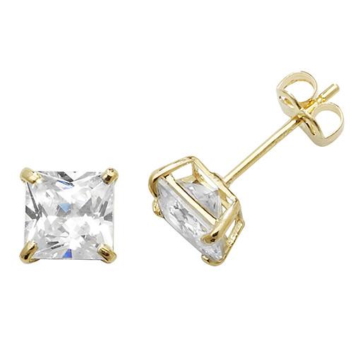 9ct Yellow Gold Princess Cut CZ Stud Earrings 6mm